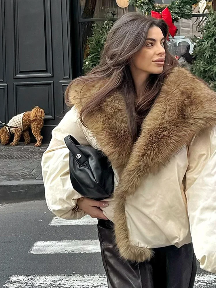 Women Vintage Faux Fur Trim Puffer Jacket Big Furry Collar Oversized Bubble Sleeve Warm Winter Coat Lady Winter Outerwear