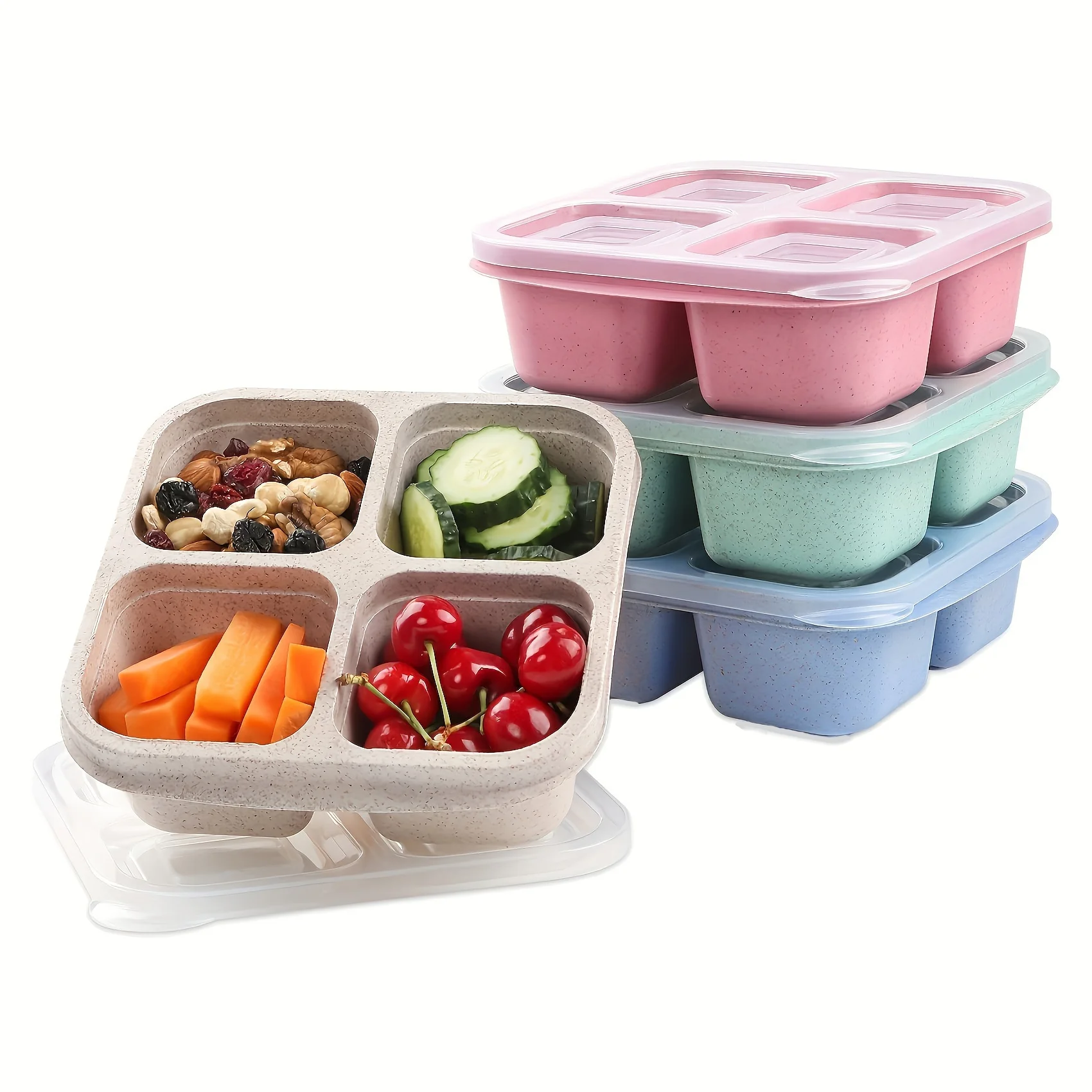 Caja Bento de paja de trigo premium: contenedor de almuerzo de 4 compartimentos con tapa transparente, apto para lavavajillas para escuela/oficina/viajes