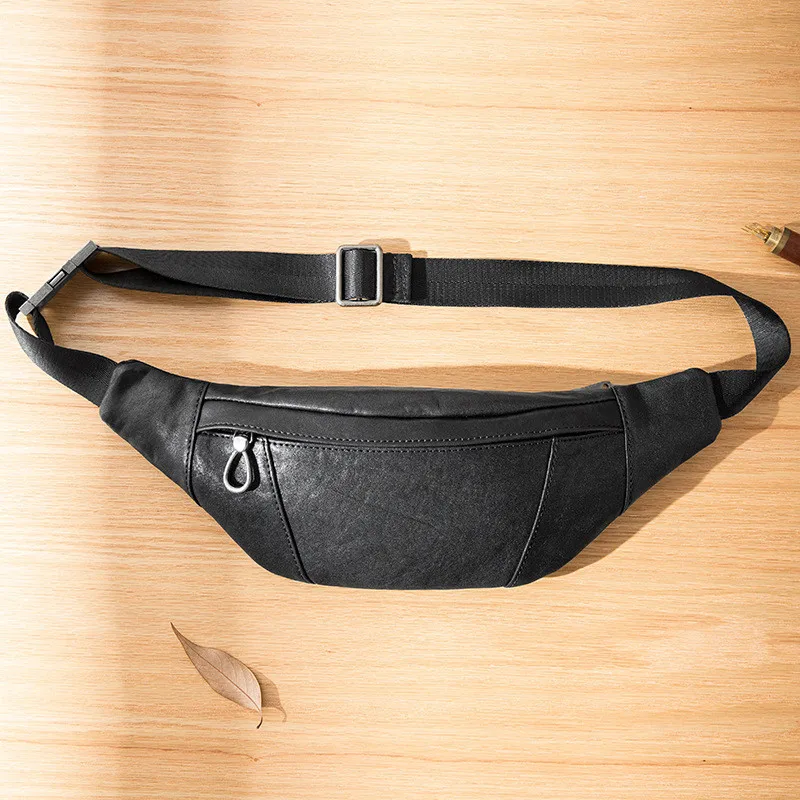 PNDME Fashion Daily Genuine Leather Men's Black Small Chest Bag Casual Luxury Natural Real Cowhide Outdoor Sports Shoulder Bag