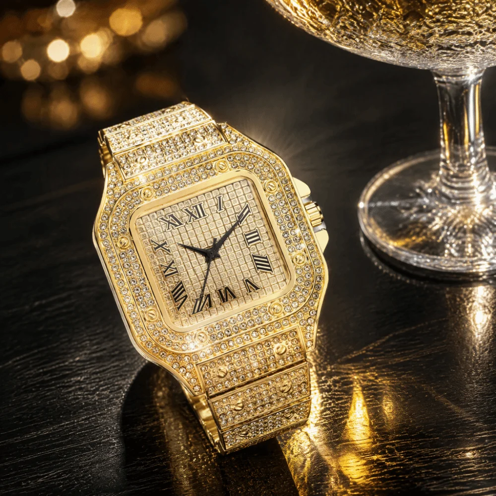 Waterproof Classic Luxury Business Watch Square Roman Scale Quartz Wristwatch Rhinestone Steel Strap Men Watch Male Fashion