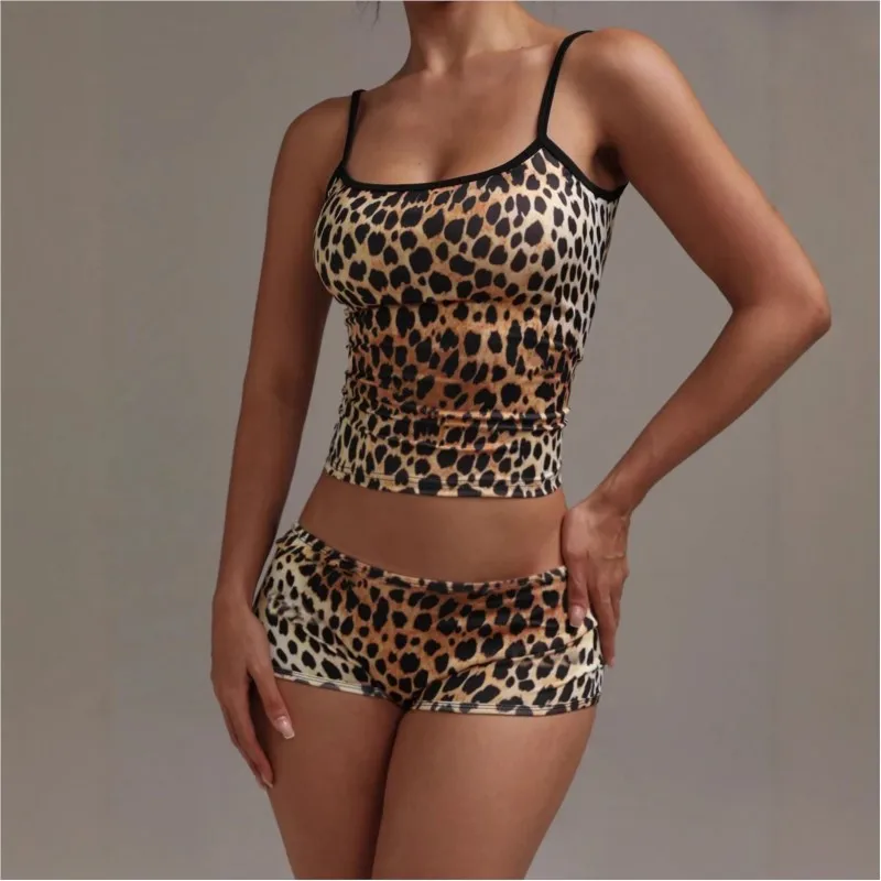 Summer Sexy Two Piece Set Womens New Solid Leopard Print Home Wear Suspender Split Spaghetti Strap Tops Shorts Suit Women 2026