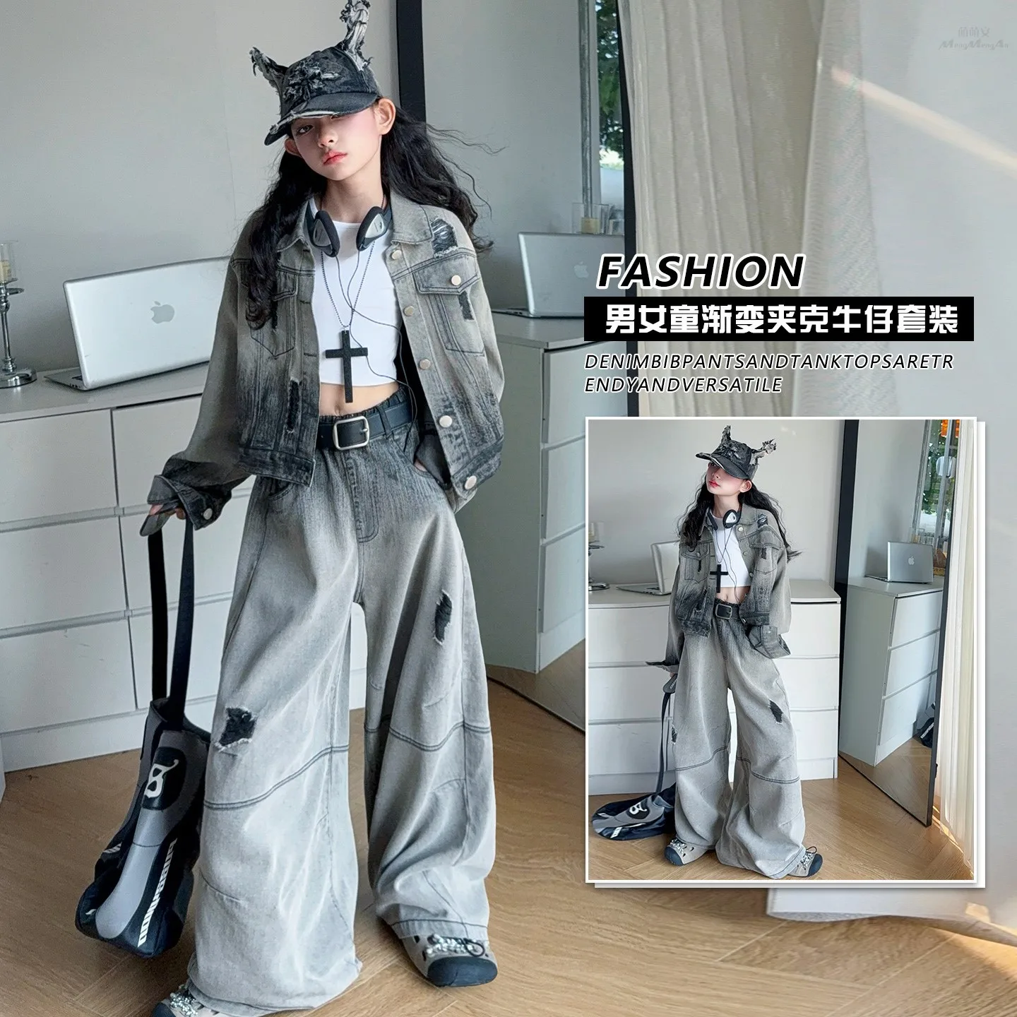 

autumn teen girls Retro Cowboy clothes set junior kid denim pants suit child outfits gradient jacket+Wide Leg hole jeans 2pcs