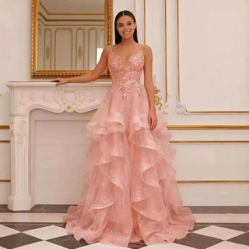 Thin Shoulder Strap Dress Multi-layer Ruffled Starry Sky Mesh Long Dress Adult Ceremony Graduation Evening Dress Customized