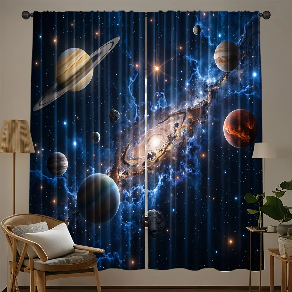 VIKAMA 2pc Blue Galaxy Polyester Space-Themed Curtains - Astronaut And Planetary Design, Washable, Home Decoration