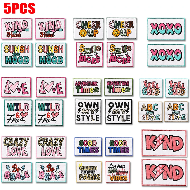 Lot de 5 écussons brodés à motif de texte 'Énergie Positive' et slogan de lettres de dessin animé, thermocollants, pour chapeaux, sacs à dos, broderie à coudre IY