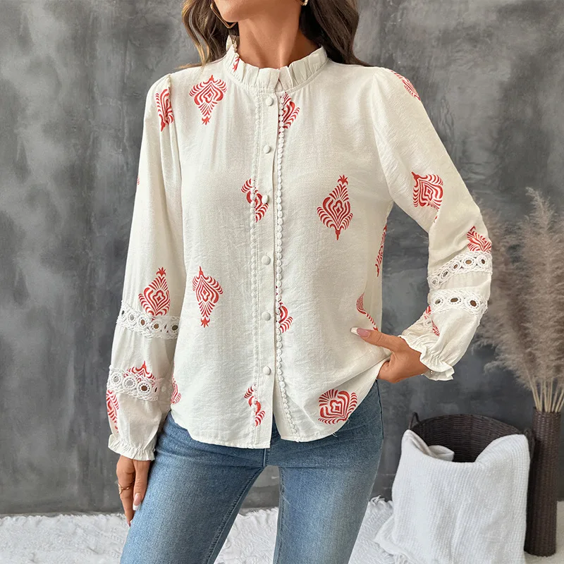 Elegant Viscose Shirts Women Casual Print Button Lapel Blouses Shirts Autumn Lace Splicing Long Sleeve Loose Tops Tunic Blusas