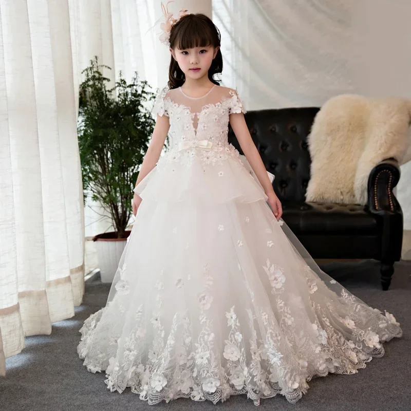 Kids Girls Tailings Evening Gowns for First Communion  Luxury Flower Girls Dresses Lace Ball Gown Appliques Princess Dress