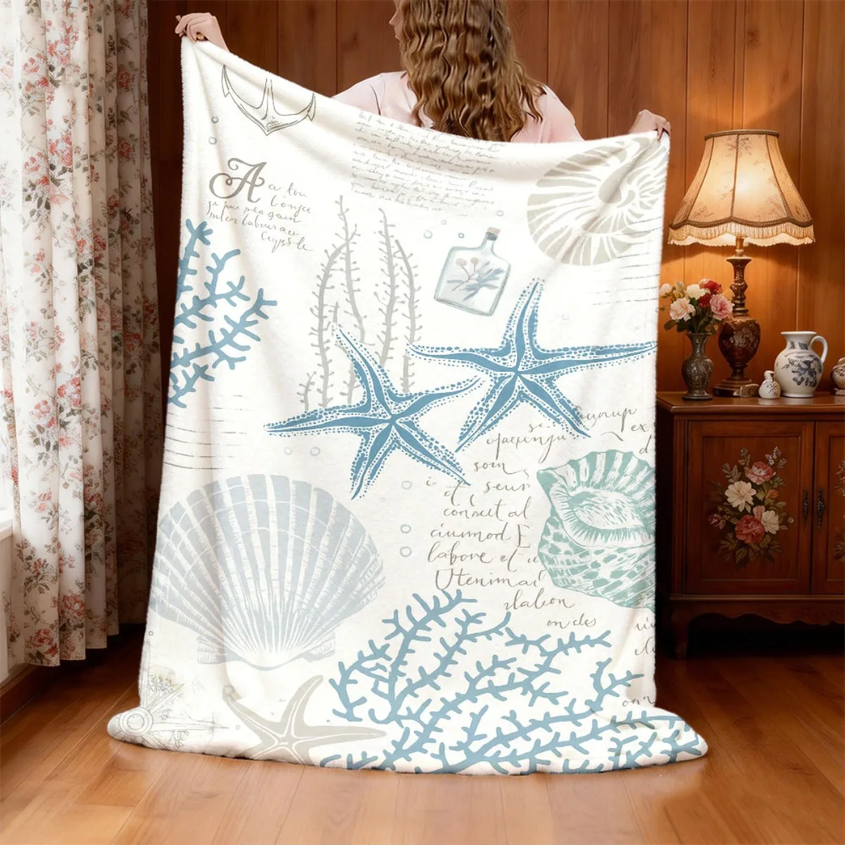 1pc Starfish-Patterned Flannel Blanket, Soft And Light Beige, a Friendly Holiday Essential That Is Warm And Cozy, a Must-Have fo