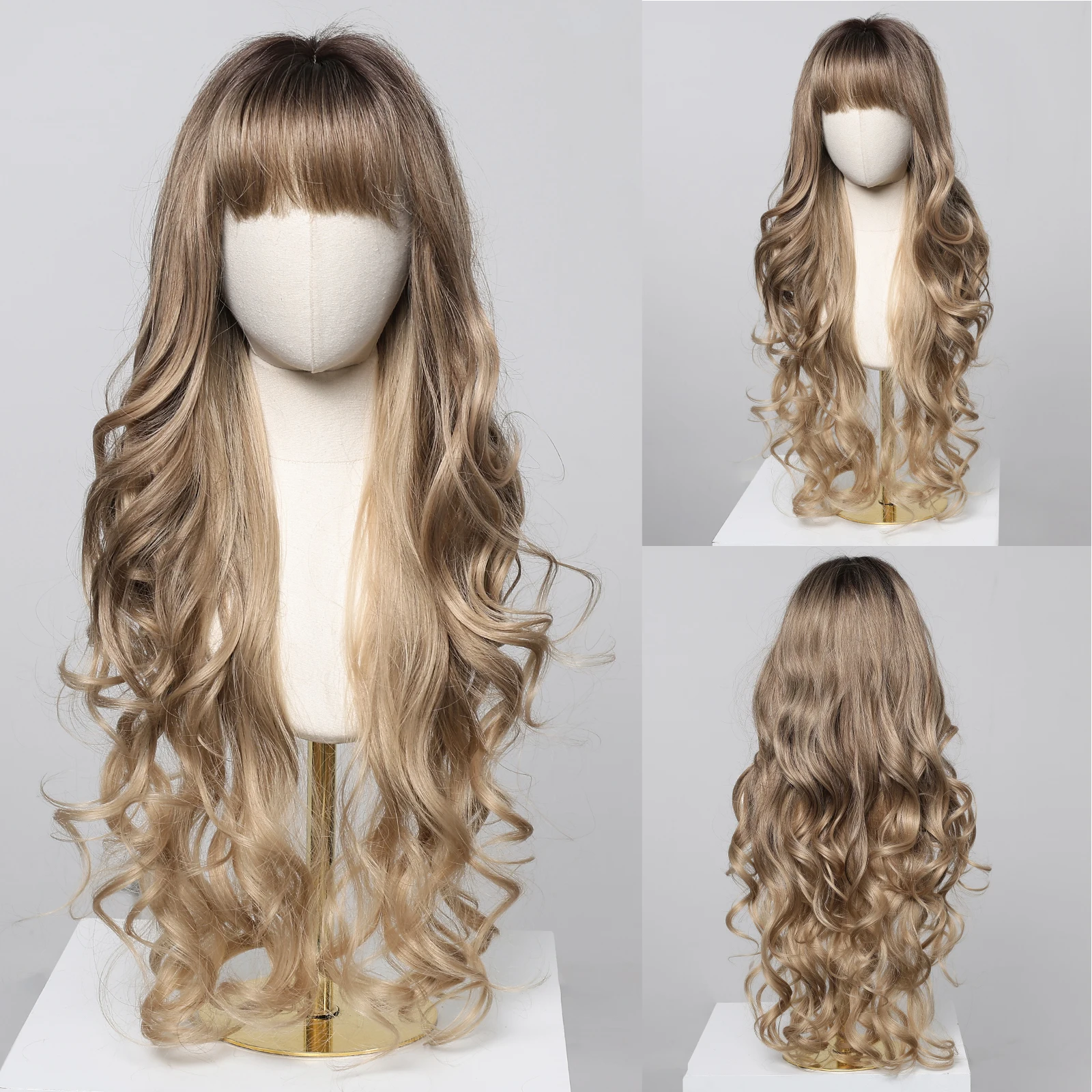 30 Zoll super lange braune blonde synthetische Perücke natürliche Ombre Bronze Perücke Körper gewellte Perücke mit Pony hitze beständige Faser für den täglichen Gebrauch