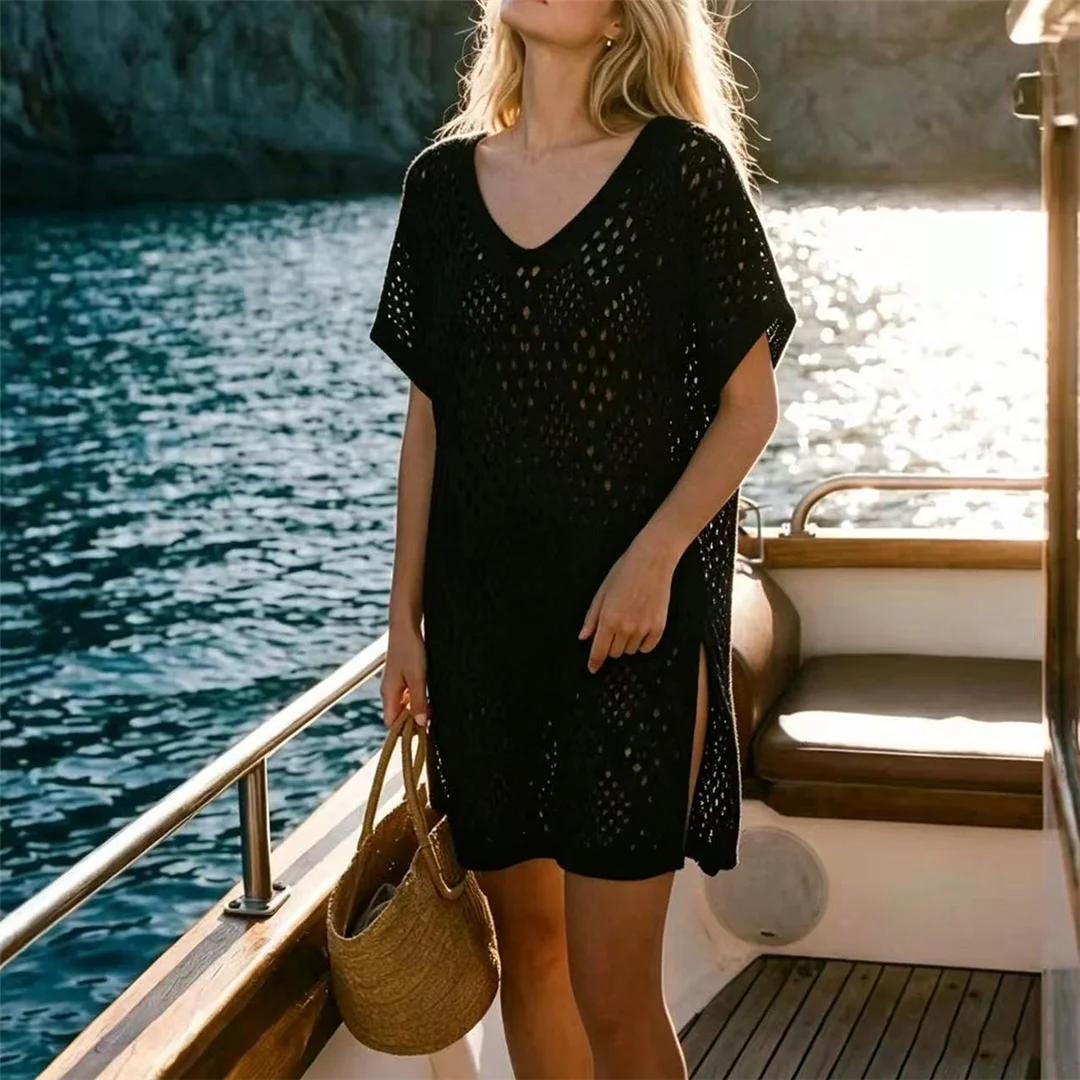 Kurzarm-Tunika mit Aushöhlungen, einfarbig, gehäkelt, gestrickt, Strand-Cover-up, Strandkleid, Strandmode, Damen V8535 – Detail 7