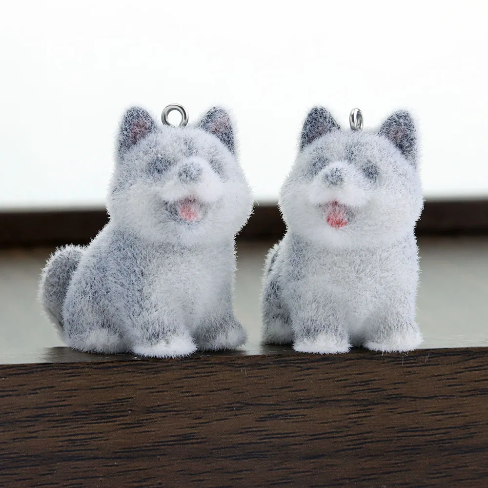 

5Pcs Cartoon Flocked 3D Husky Dog Resin Small Ornaments Handmade DIY Keychain Pendant Hanging Decorations Materials