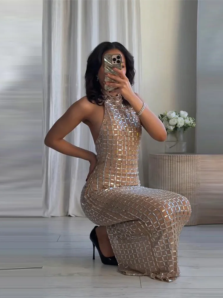 

Sexy Rhinestone Halter Long Dress Women Sleeveless Backless Shinny Split Bodycon Party Dresses Female 2026 Spring Fashion Robes