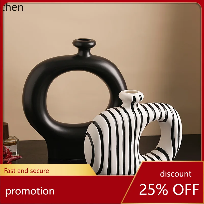 

YFY Creative Retro Black and White Striped Ceramic Vase, High-End Flower Decorative Piece for Living Room and Showroom