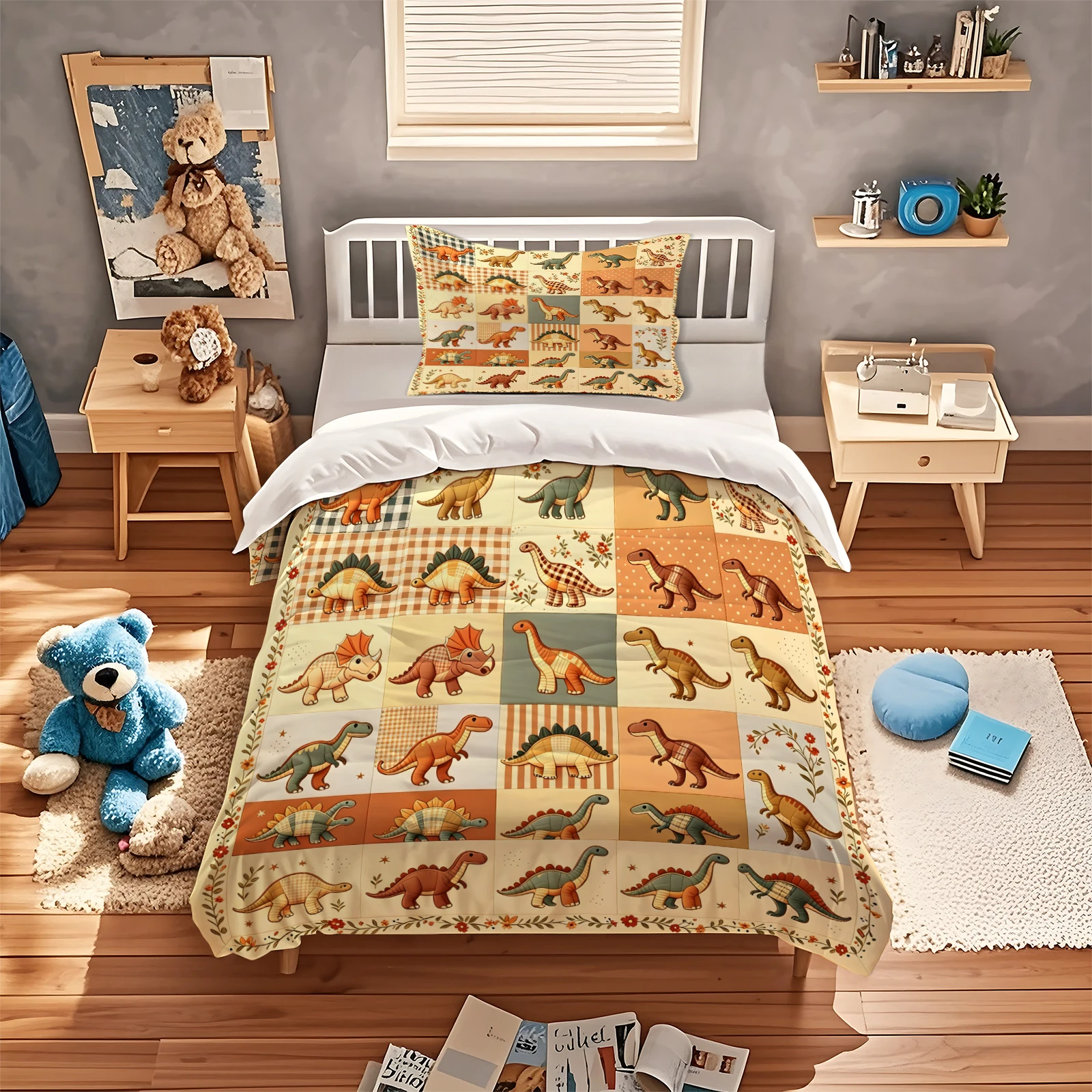 Vintage Plaid Patchwork Dinosaur Duvet Cover Set Colorful Dinosaur Pattern Bed Linen Holiday Bedroom Decoration Soft Quilt Cover
