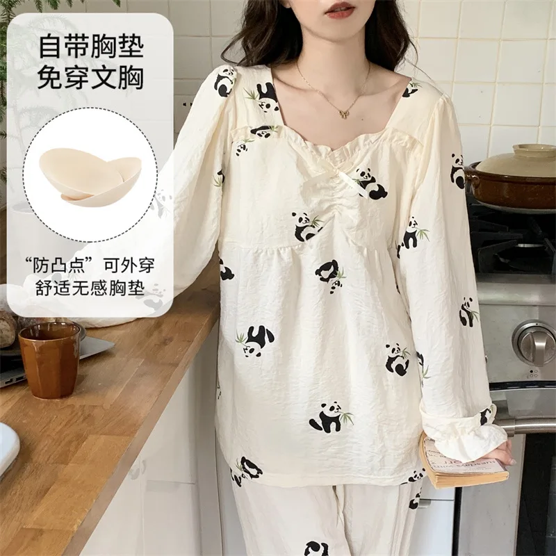 

Court style Women's Nightwear with Bra Pad Spring and Autumn Long Sleeves Trouser 2Pcs/set Pajamas Young Girl Loungewear