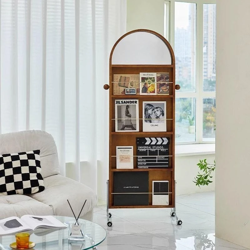 Floor-to-ceiling storage magazine rack, book mirror, newspaper rack, movable full-body mirror