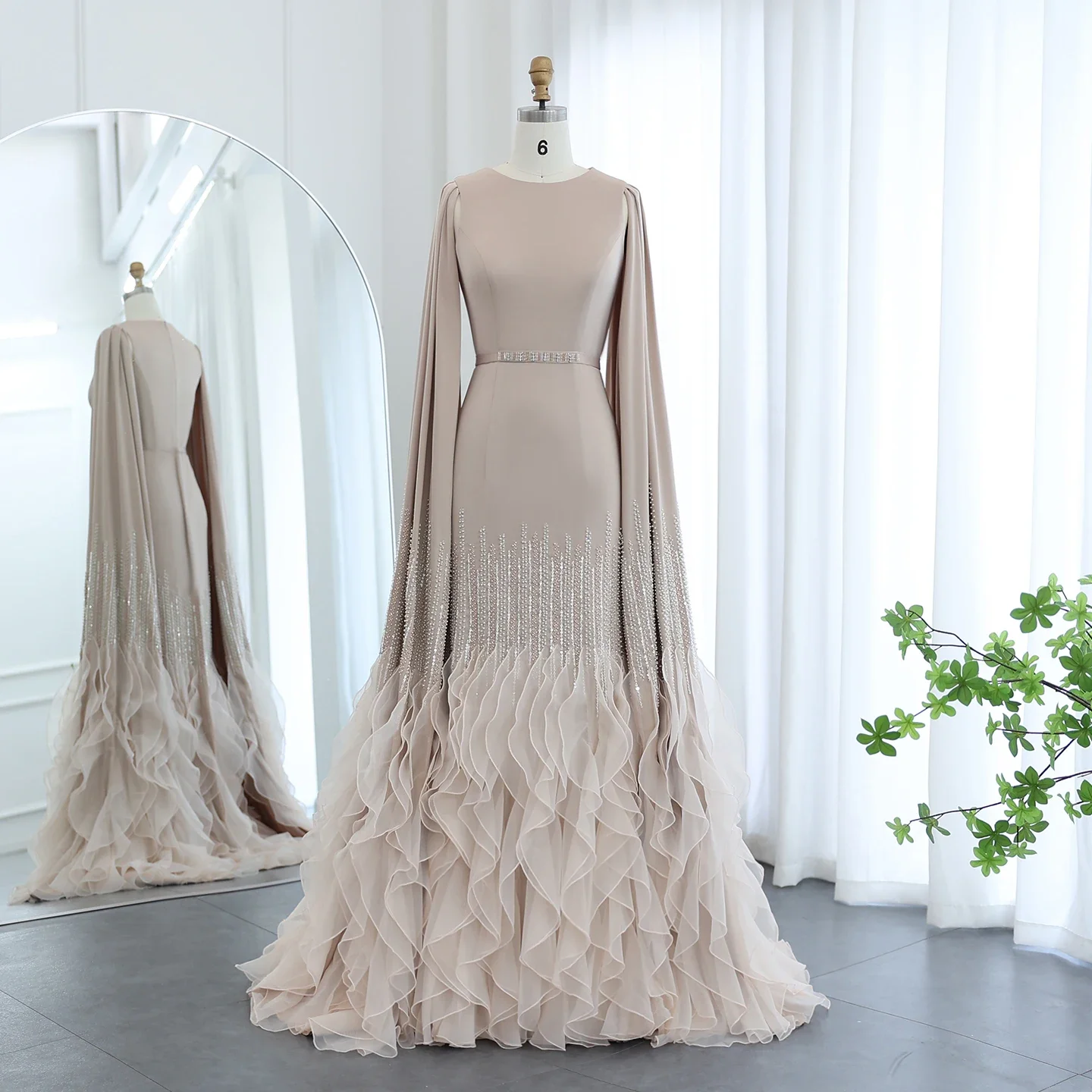 Elegant Mermaid Nude Evening Dresses with Cape Sleeves Luxury Dubai Tiered Ruffles Arabic Women Wedding Party GownsWedding Dress