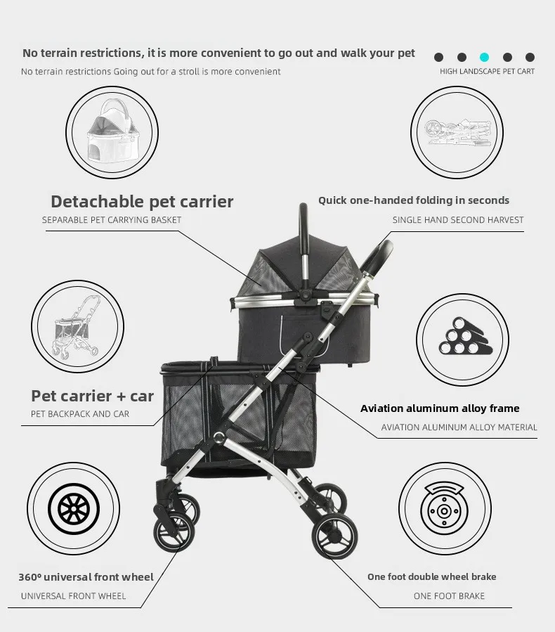 Large space upper and double-layer pet cart multi-cat dog cart removable pet cart
