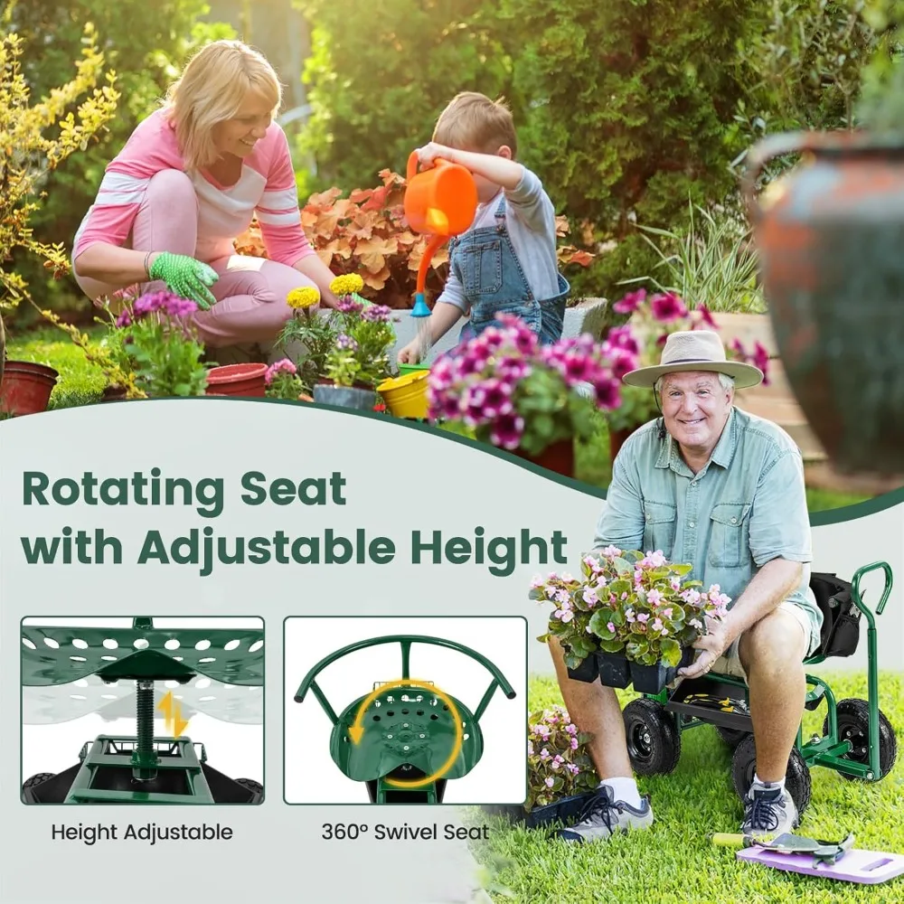 

Garden Seat with Wheels, Rolling Gardening Stool with Adjustable 360° Swivel Seat, Tool Tray & Storage Basket, Extendable Handle