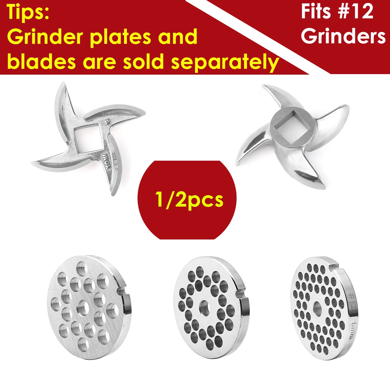 1/2pcs #12 Meat Grinder Accessories,Stainless Steel Blades,Grinder Plate Discs,Replacement for #12 Grinders