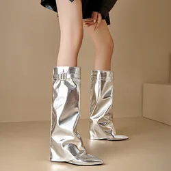 Silver 9cm Wedges Heel Knee High Boots Belt Buckle Decoration Skirt Boots Short Plush Lining Winter Light Show Fashion Boots 45