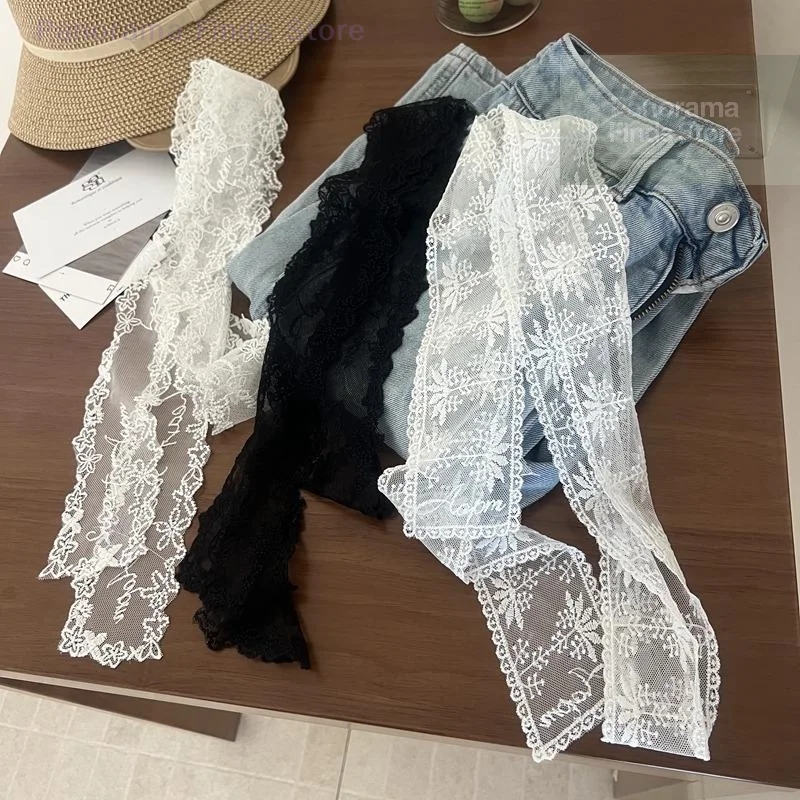 Y2K Unique Long Lace Waistband with Floral Bow Tie-Up Belt for Dresses And Jeans Thin Lace Scarf Hair Band Accessory
