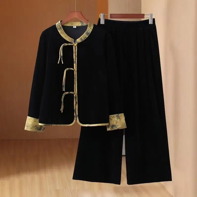 New Chinese Style Velour Top Elastic High Waist Pants Two-piece Set Middle-aged Elderly Mother's Loose Golden Velvet Suits L-5XL