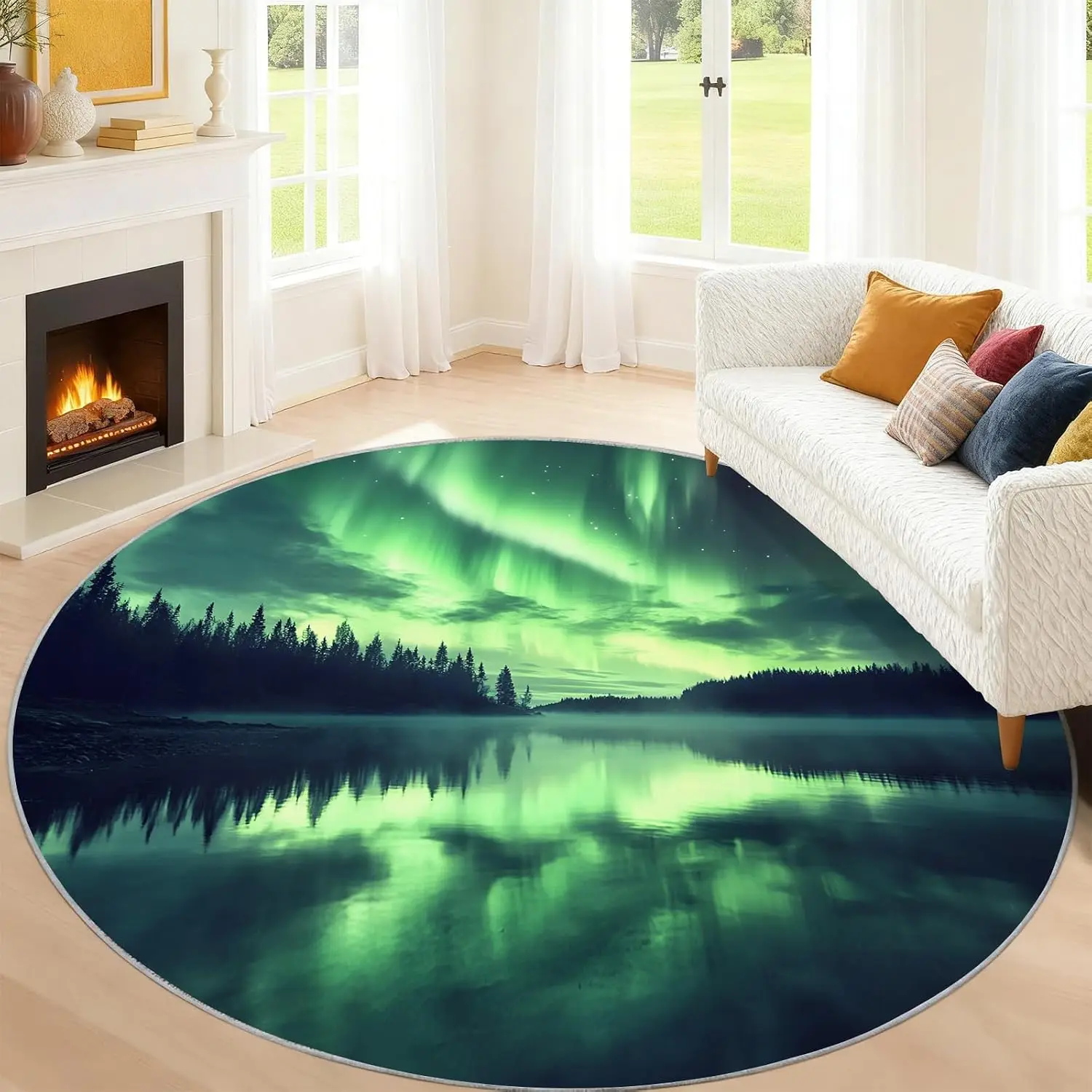 Modern Round Aurora Northern Lights Rug Waterproof Polyester Living Room Floor Mat Green Landscape Decor Area Carpet for Bedroom