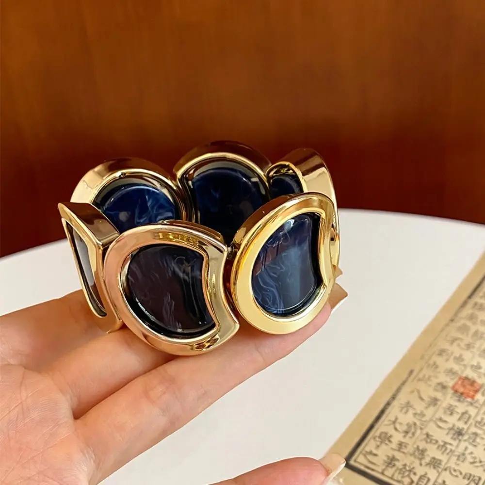 Gold Tone Alloy Acrylic Bracelet Stretch Fit Translucent Panels Chunky Link Bracelet Geometric Links Women's Stretch Bracelet