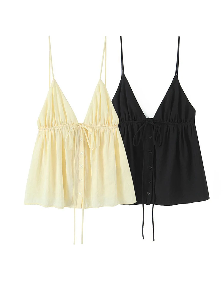 

Летний топ на бретельках с v-образным вырезом и шнуровкой, желтые, черные топы с открытой спиной