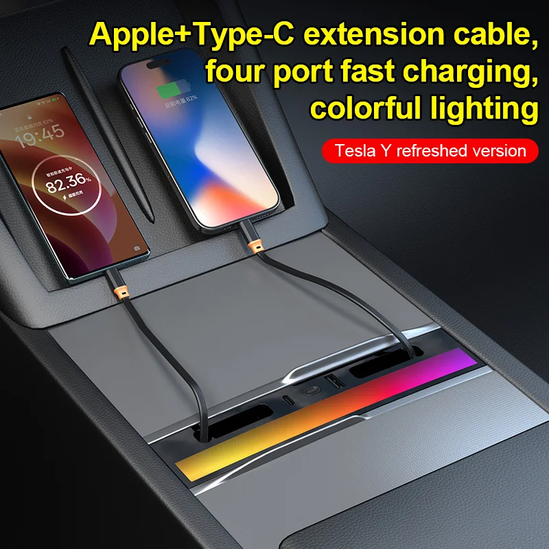 For Tesla Model Y Juniper Fast Charging USB Hub Docking Station with Rainbow Light Model 3 Highland Retractable Ambient Lighting view 4