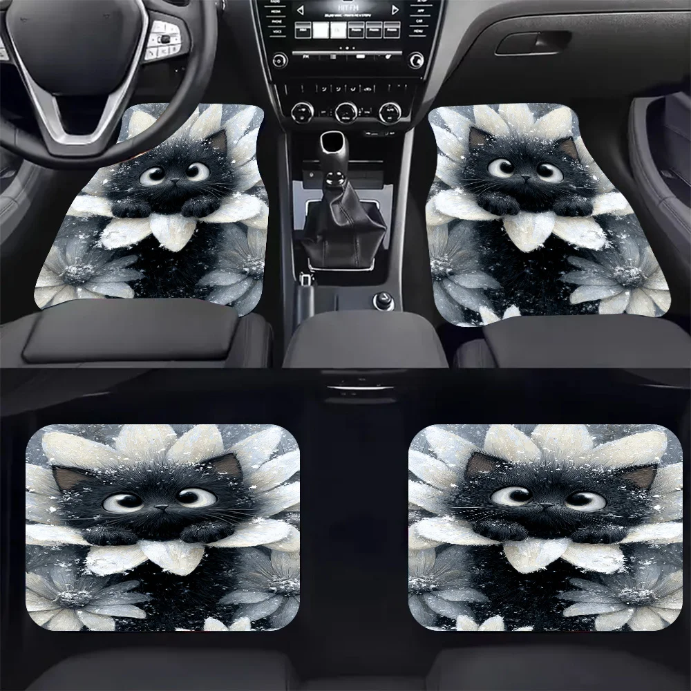 4 tapis de sol de voiture imprimés Snowy Kitten Bliss |   Élégant, facile à nettoyer, adapté à tous les véhicules, durable, offre une protection durable