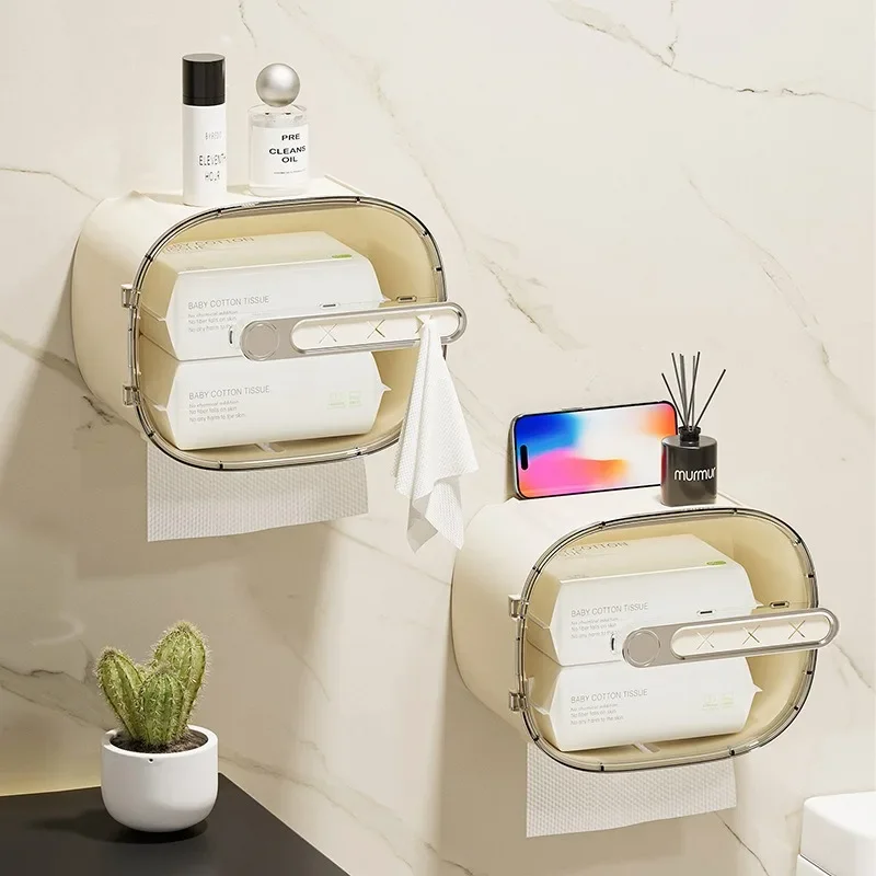 

Punch-Free Wall-Mounted Toilet Tissue Box, Waterproof Paper Extraction, Multi-Functional, Face Cloth Storage Box, Home Bathroom