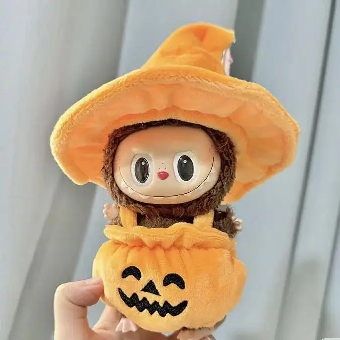 ชุดฮาโลวีนลาบูบู 17 ซม. - ชุดฟักทองพร้อมหมวกสีดำ เสื้อผ้าตุ๊กตาขนนุ่มน่ารักสำหรับลาบูบู คอสเพลย์เทศกาลสุดหลอน
