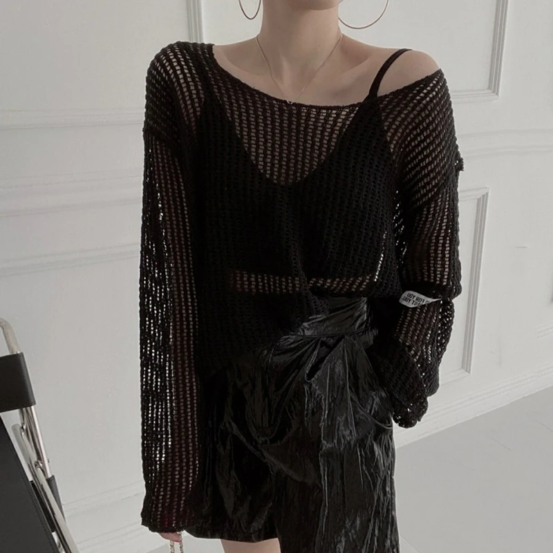 Women's Summer O Neck See Through Long Sleeve Thin Sweater Lady Streetwear Hollow Out Pullover Loose Sun-proof Jumper