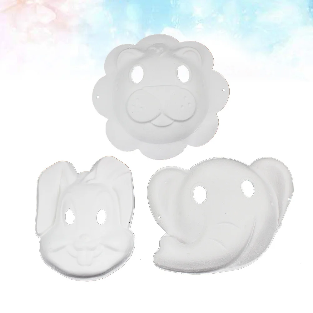 

3Pcs Animal Face Mask Blank Paintable Eco-Friendly Pulp Masquerade Cosplay Party Accessory Elephant Rabbit Lion