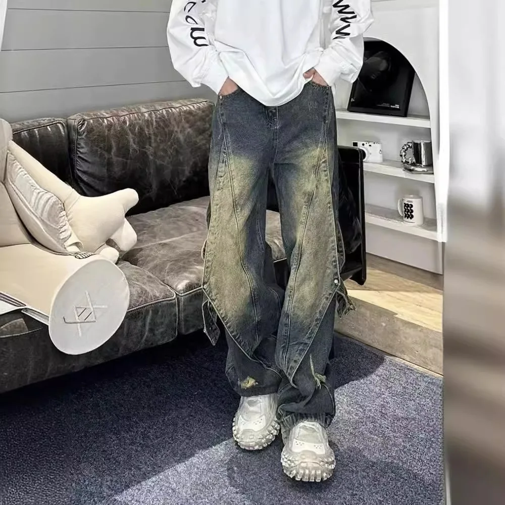 New high street retro heavy industry old jeans men's splicing straight wide-leg trousers