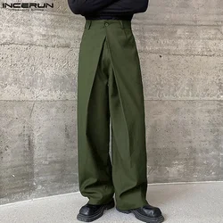 INCERUN 2024 Korean Style Mens Trousers Pleated Double Waistband Design Pants Leisure Well Fitting Male Wide Leg Pantalons S-5XL