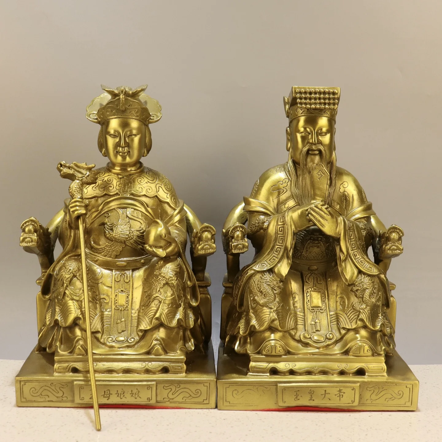 Brass Dragon Phoenix Pattern The Jade Emperor Queen Mother of the West Immortals sitting on Buddha Dragon Throne Sitting statue