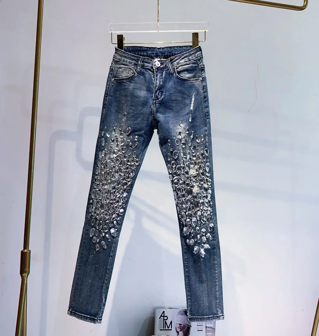 Luxury Women Handmade Diamonds Beaded Denim Pencil Pants Sewing Crystal Trousers Shiny Skinny Stretch Jeans Rhinestones Pantalon