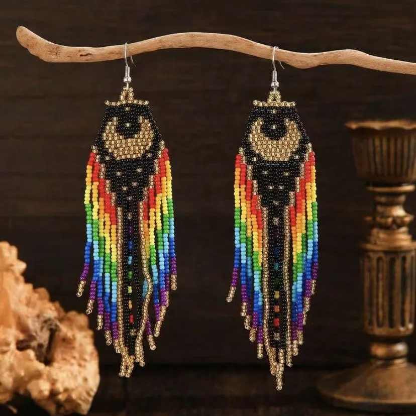 ZGMXR Rice bead earrings Tassel Geometry Rainbow Gradation color Hand weaving Bohemia Alloy Woman Fashion Simple Beaded earrings