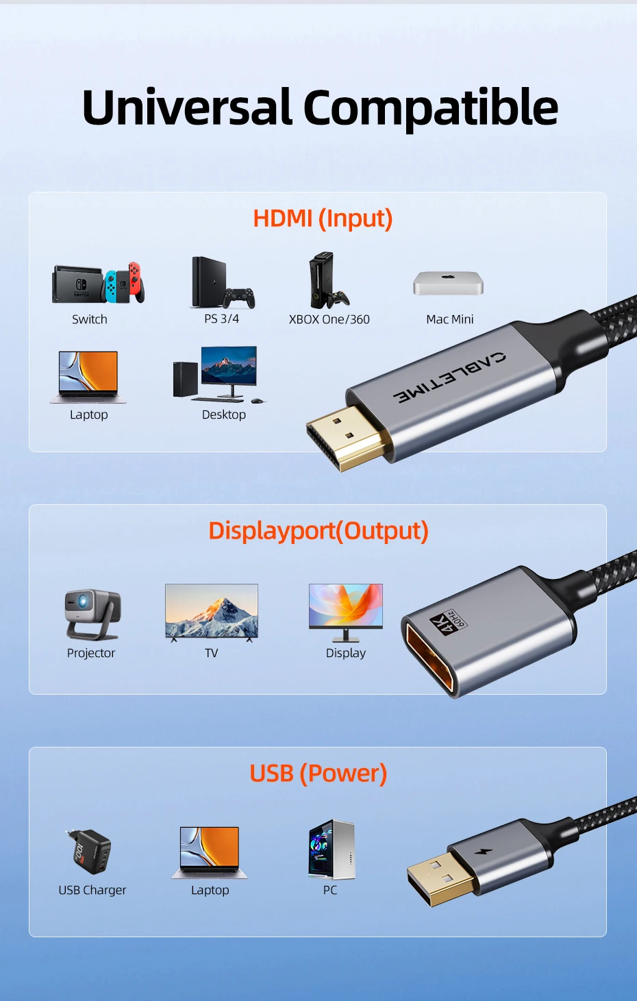 Cable time HDMI zu DP Kabel adapter 4k 60Hz Displayport Konverter Video Audio für Xbox TV Monitor Projektor Schalter PS4/5 Laptop – Detail 6