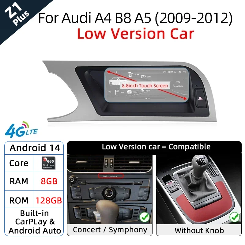 Android 14 8 + 64GB Auto Bildschirm Player Für Audi A4 B8 A5 2008-2017 MMI GPS Navi multimedia Stereo WIFI 4G Google CarPlay Radio