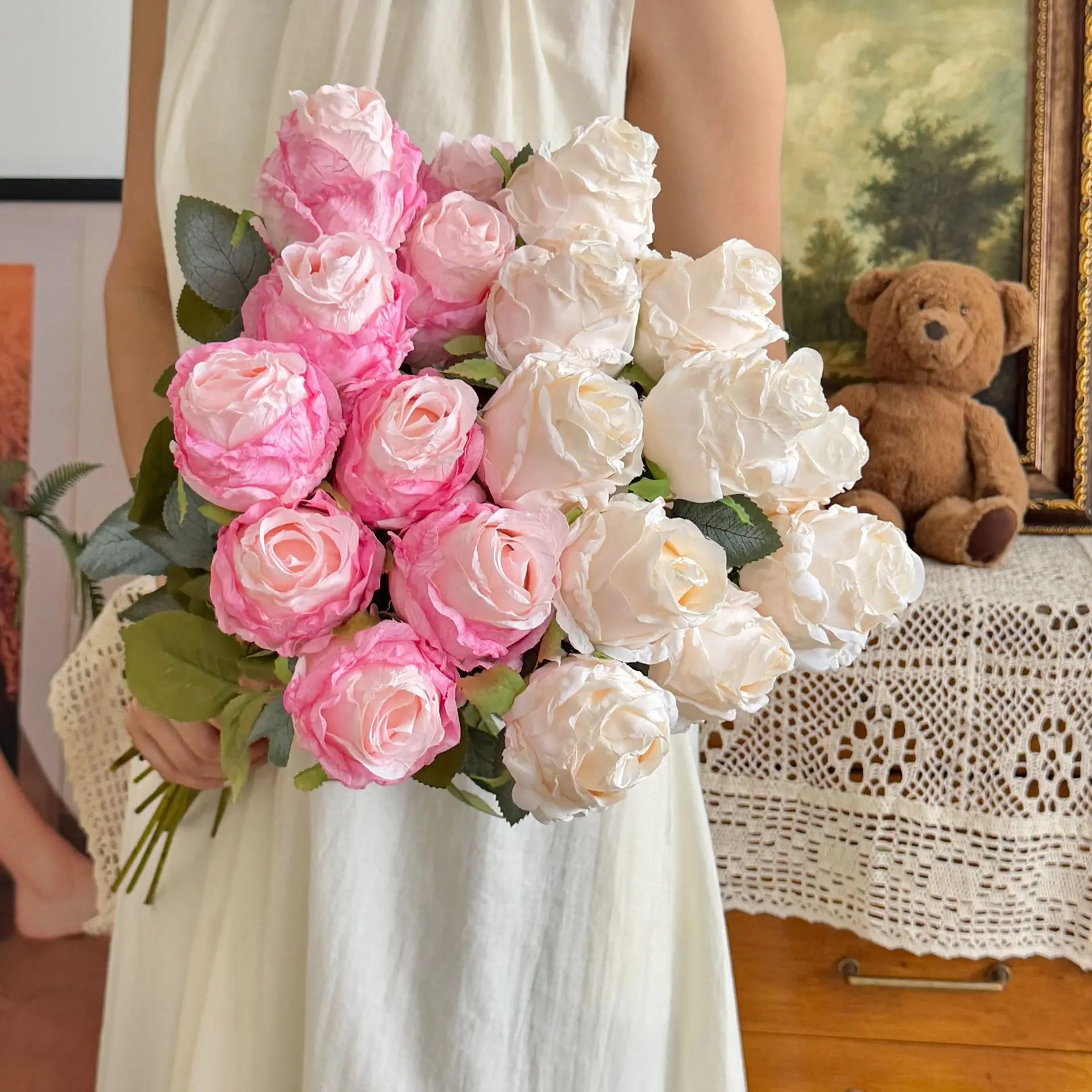10 Stück Künstliche Seidenrosen mit Verbranntem Rand, Heimdekoration, Hochzeitsstrauß, Brautstrauß, Blumenarrangement, Künstliche Rose – Detail 2