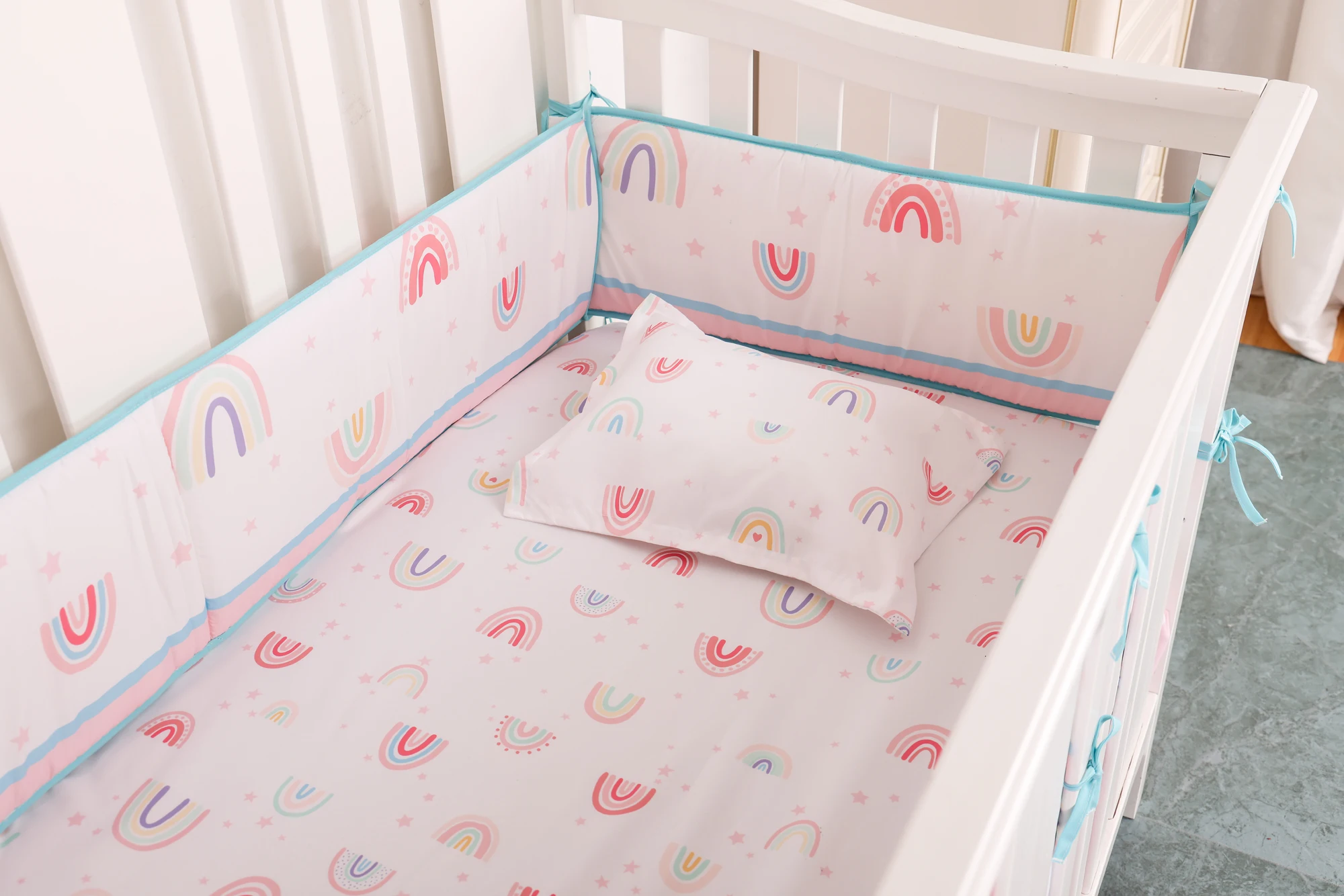 pink rainbow 4 pcs Baby Crib Bedding Set for Girls and boys including quilt, crib sheet, crib skirt,pillow case