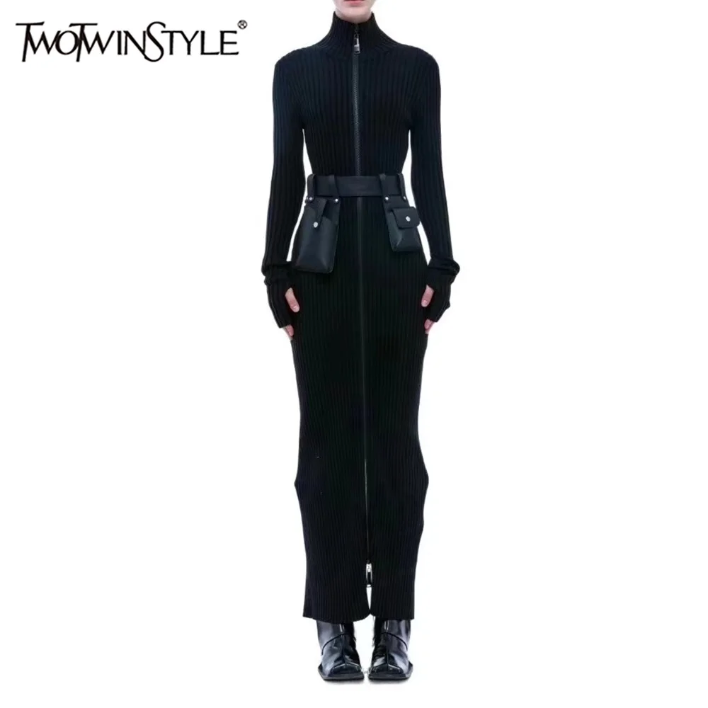 TWOTWINSTYLE Split Temperament Dresses For Women Stand Collar Long Sleeve Patchwork Belt Slimming Dress Female Fashion Clothing