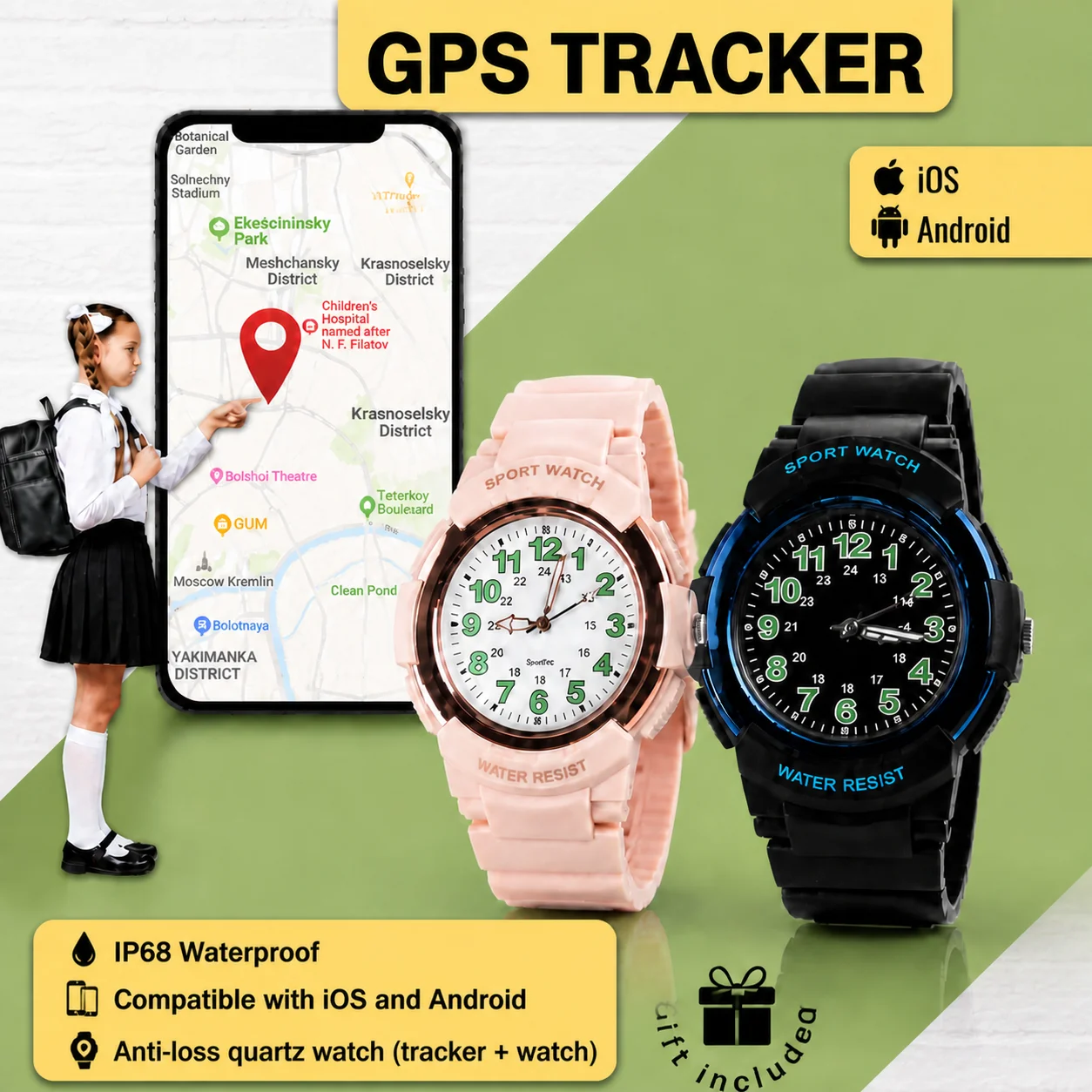 Kids Anti-Lost Watch with Apple Find My Android Find Hub Bluetooth Tracker Quartz Watch IP68 Waterproof No Subscription