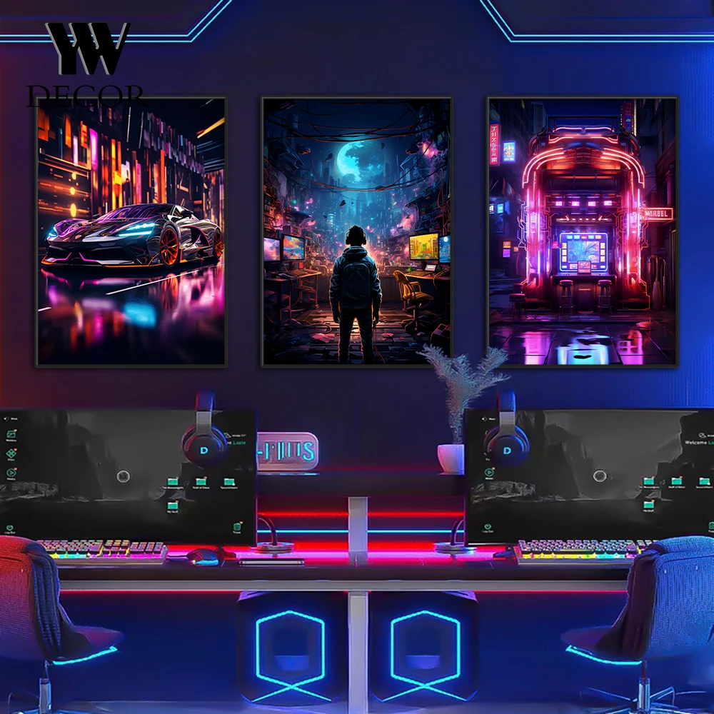 

Anime Neon Pop Colorful Headphones Car Poster Canvas Painting Wall Art Home Gaming Room Decor Decoration Gifts