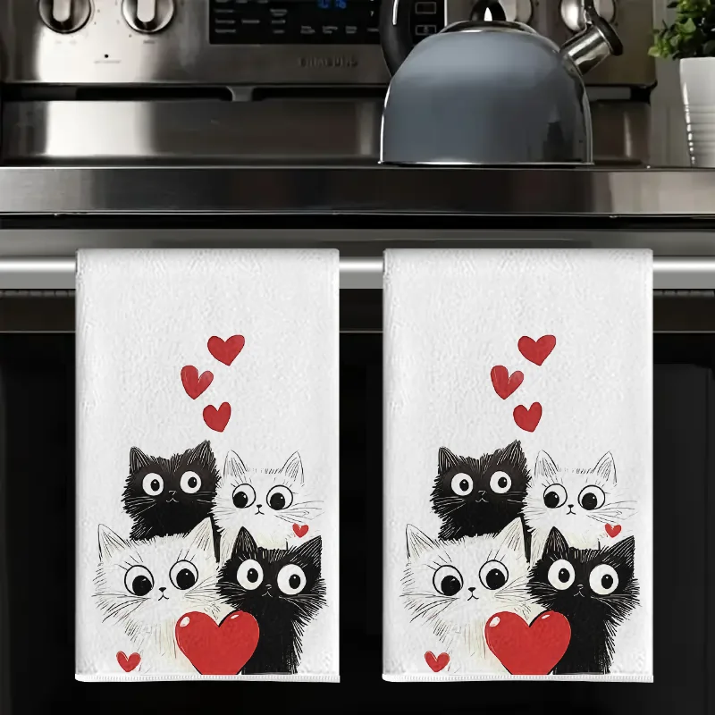 2Pcs, Heart-Shaped Black and White Cat Kitchen Towels, 40Cm*60Cm Towel Set, Super Absorbent Soft Cleaning Cloth, Cooking and Baking Tea Towel, Hand Towel, Cleaning Cloth, Dishcloth, Kitchen Decoration, Living Room Decorations, Kitchen Essentials, Home Essentials
