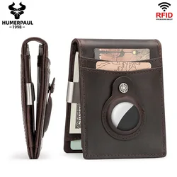 Retro Luxury Money Clip with Airtag Holder Men Genuine Leather RFID Credit Card Holder Business Male Front Pocket Cash Holder